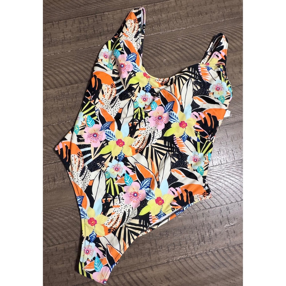 Old Navy Womens XL Tropical Floral One Piece Swimsuit Scoop Back High Cut Leg